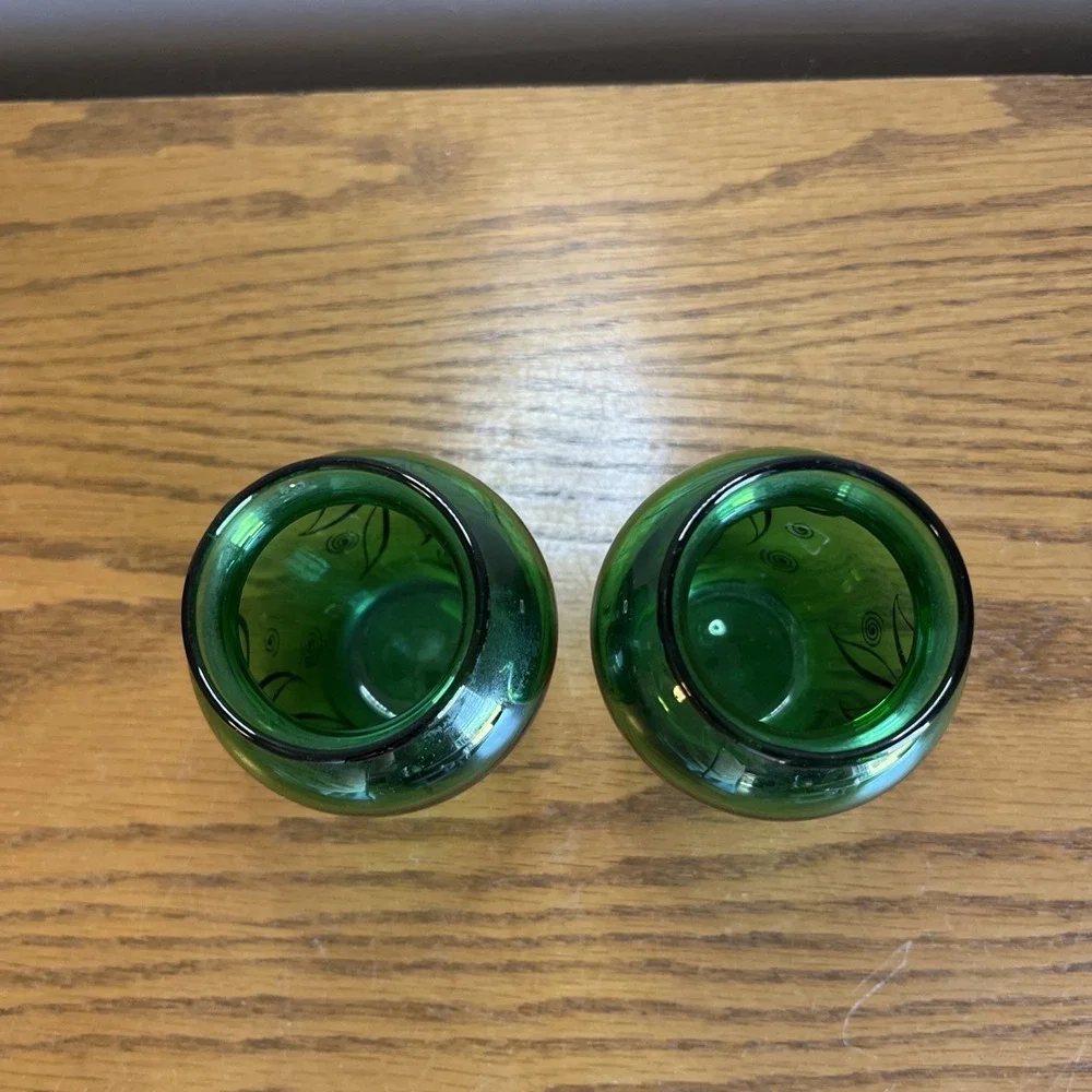2 Vintage Anchor Hocking  Emerald Green & Gold‎  Swirls Small Glass Vases